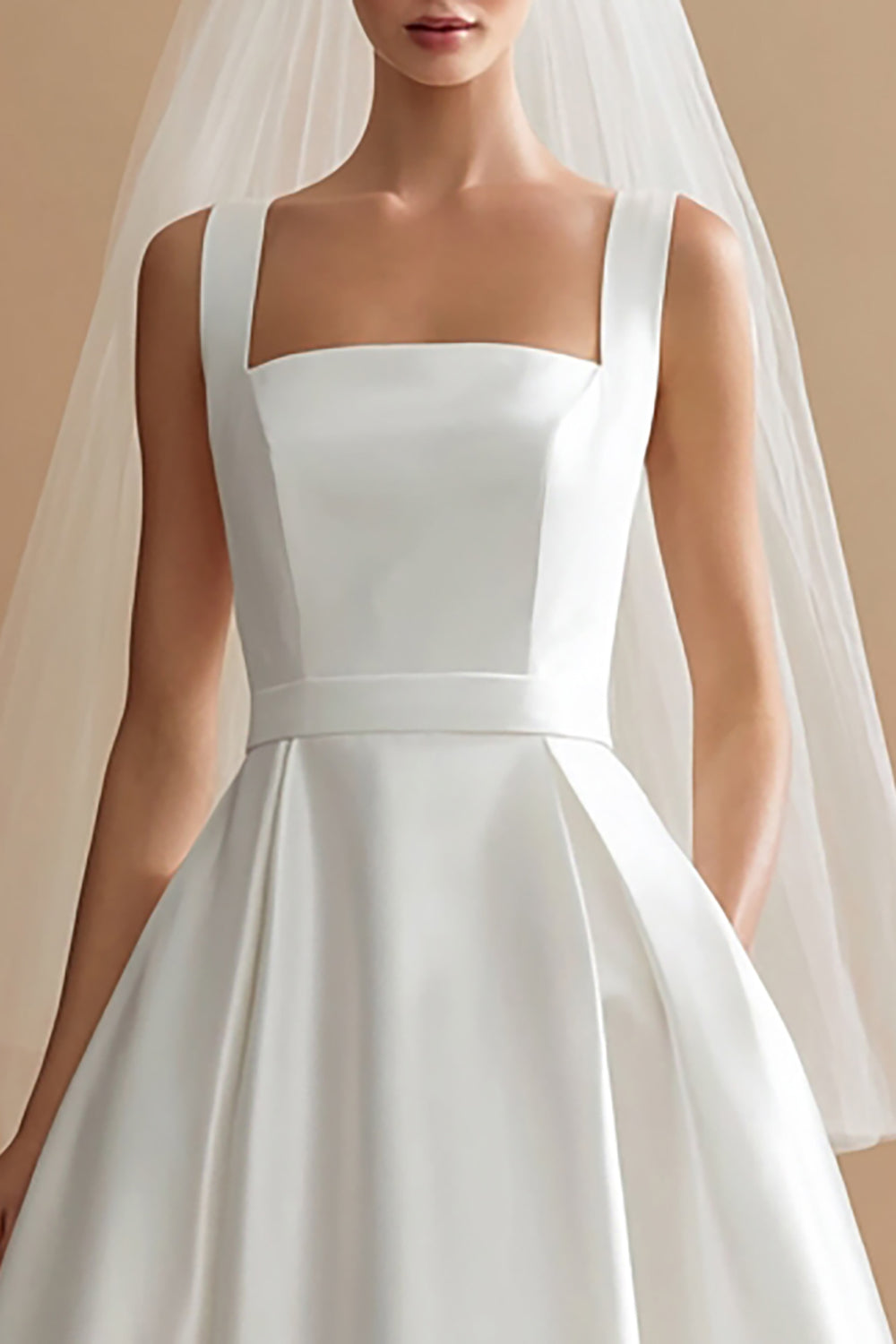 White Thick Straps Satin A Line Midi Simple Wedding Dress