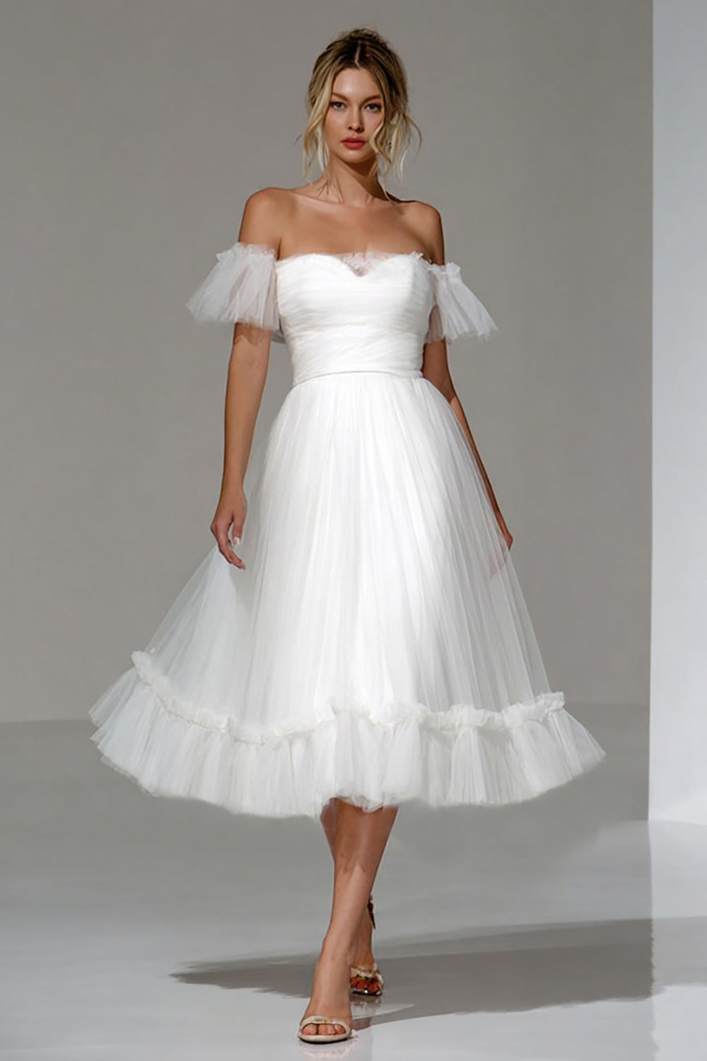 White Off the Shoulder Tulle A Line Midi Princess Engagement Dress