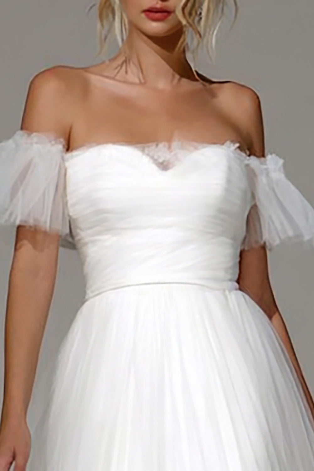 White Off the Shoulder Tulle A Line Midi Princess Engagement Dress