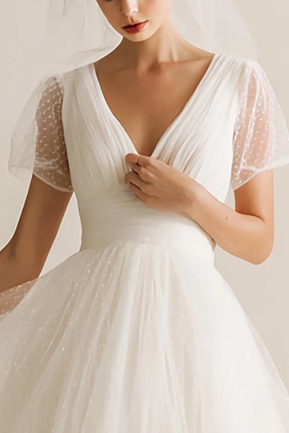 White Tulle V-Neck A Line Dots Long Wedding Dress