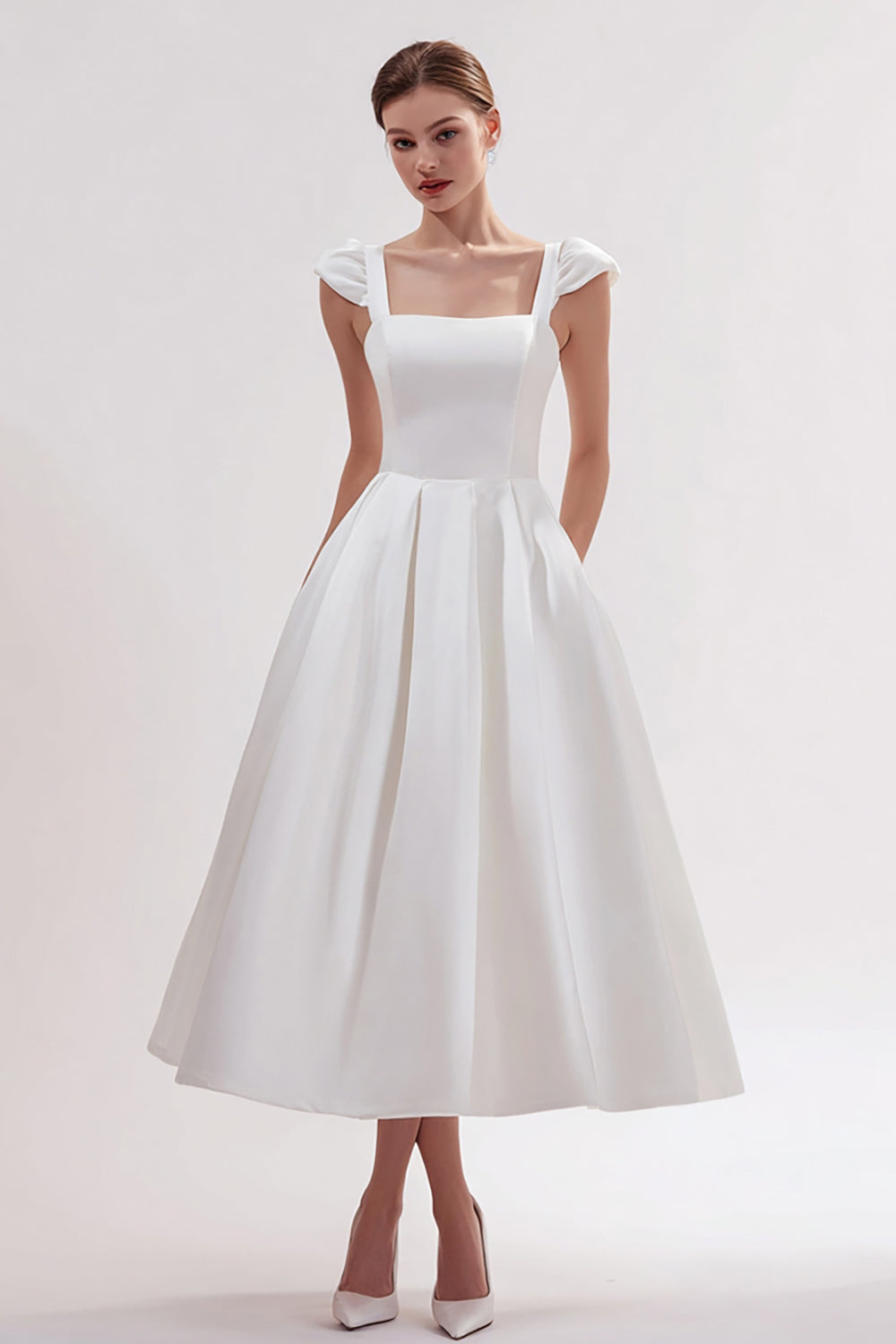 White Satin A Line Long Square Neck Wedding Reception Dress