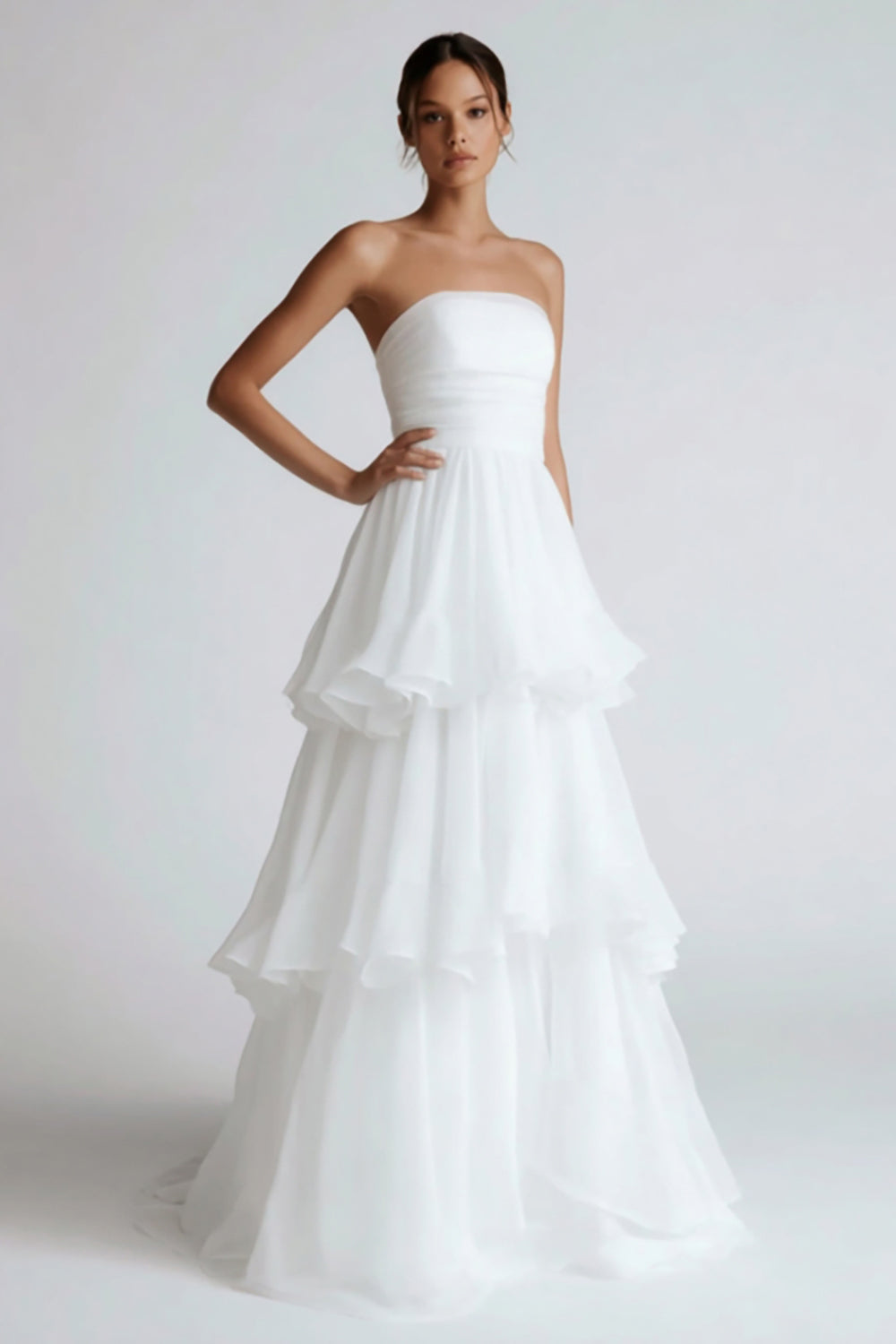 tiered chiffon a line wedding dress Chic Tiered Chiffon a line wedding dress with Long Sleeves, Beaded Detailing, High Neck, Layered Tulle, and Sweep Train
