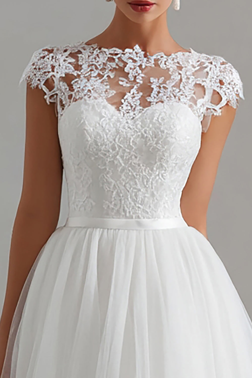 White Tulle A Line Cap Sleeves Midi Engagement Dress with Lace