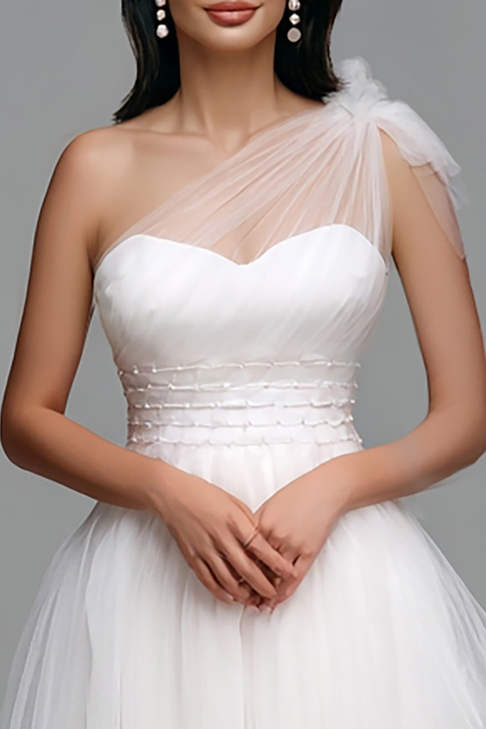 White Tulle A Line One Shoulder High Low Engagement Dress