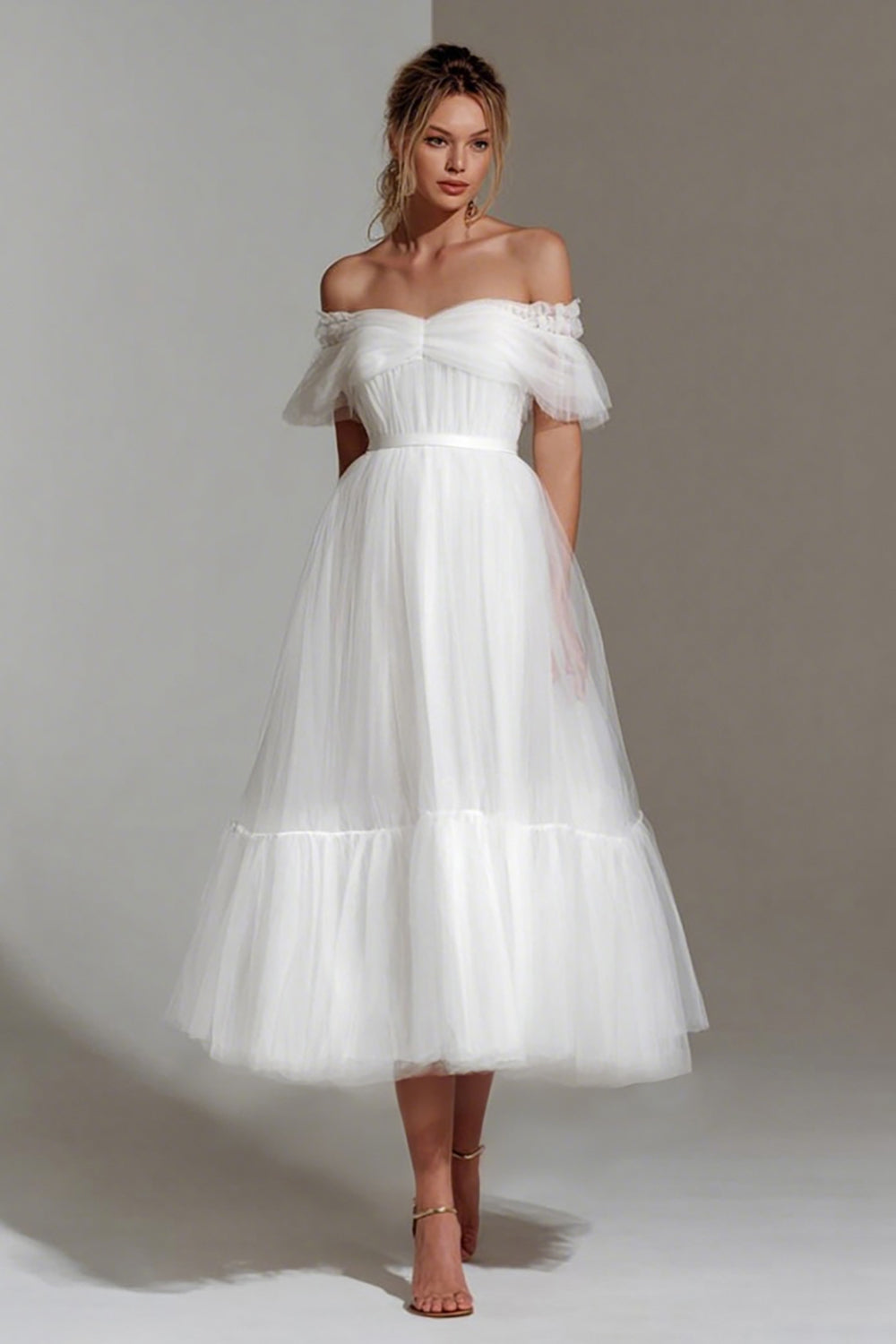 White Tulle Off the Shoulder A Line Midi Bridal Shower Dress