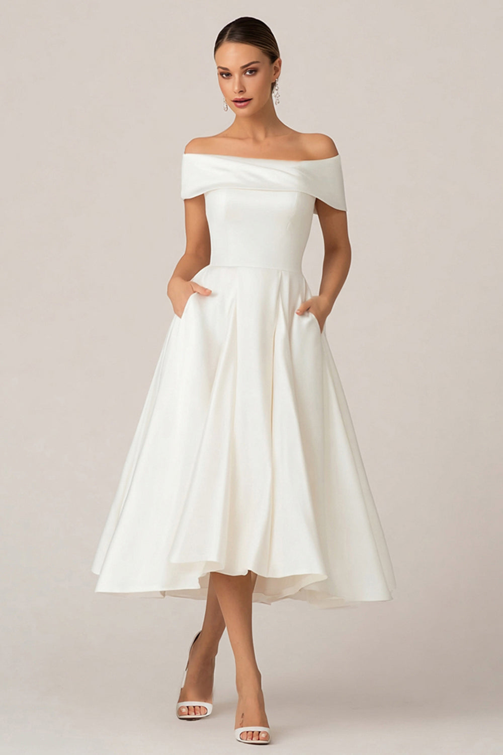 White Satin A Line Midi Wedding Reception Dress with Pockets