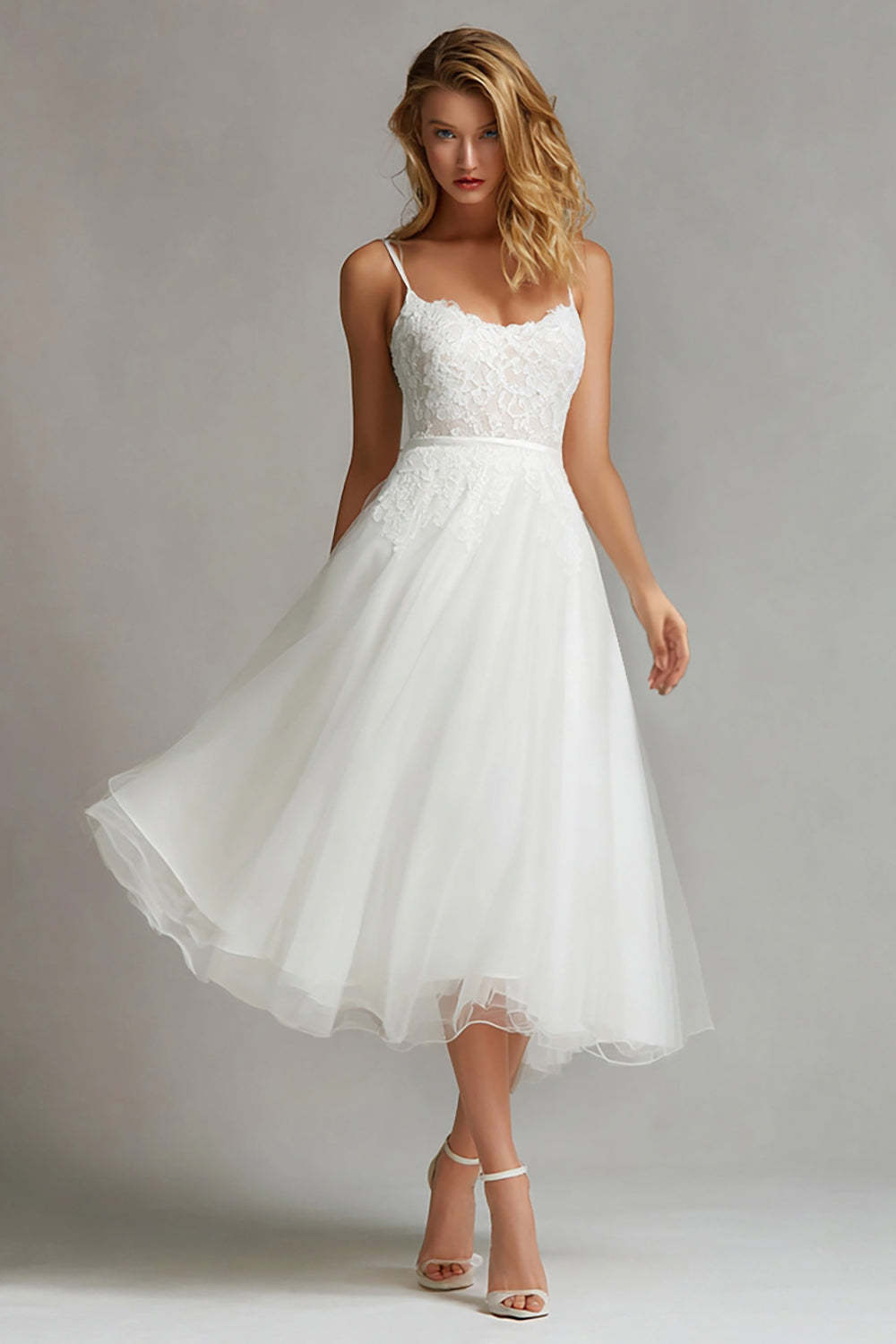 Leely Women White Tulle Midi Cute Engagement Dress with Lace A Line Spaghetti Straps Bridal Shower Dress