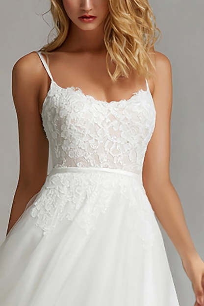 White A Line Midi Spaghetti Straps Engagement Dress with Lace