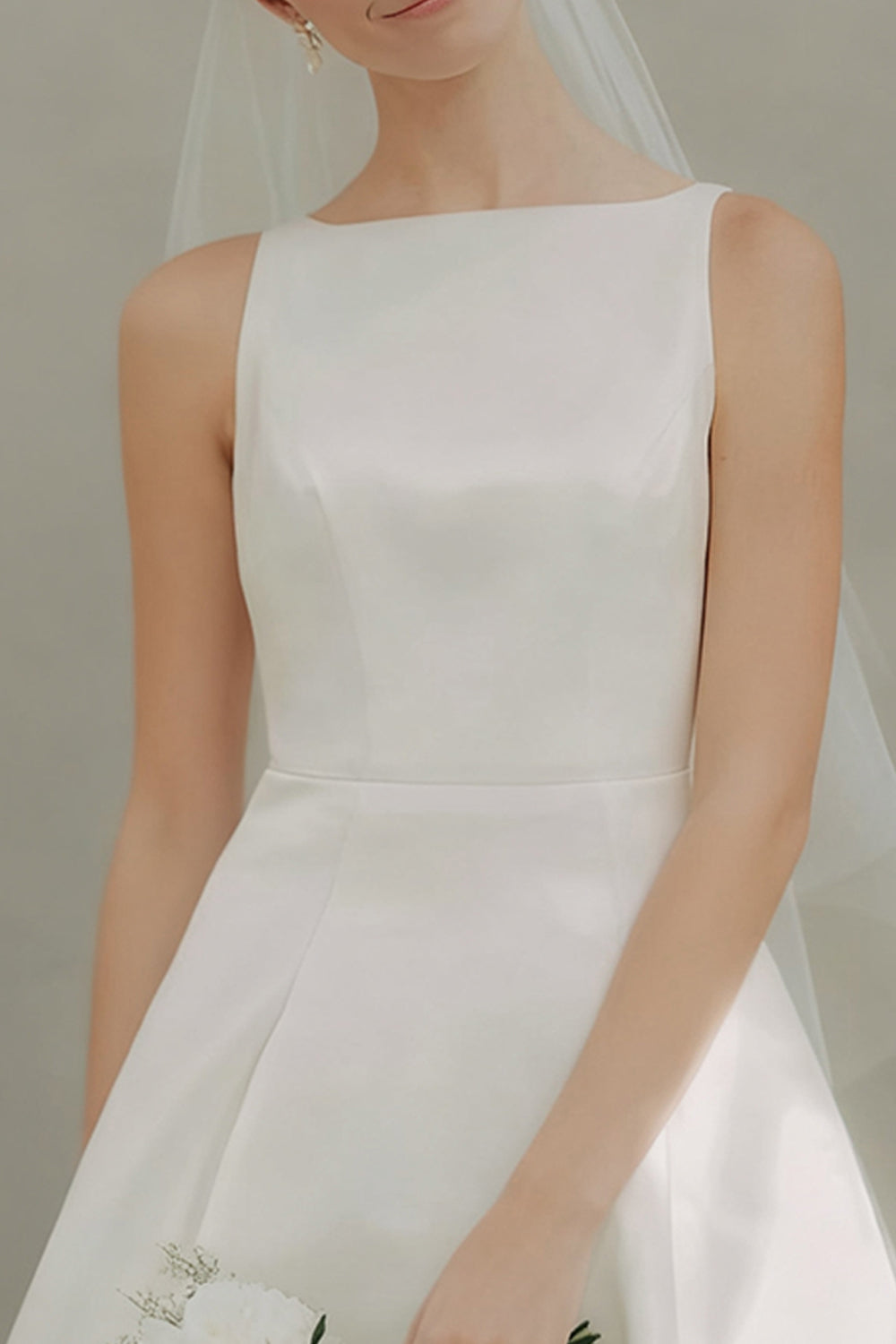 White A Line Bateau Neck Satin Short Wedding Dress