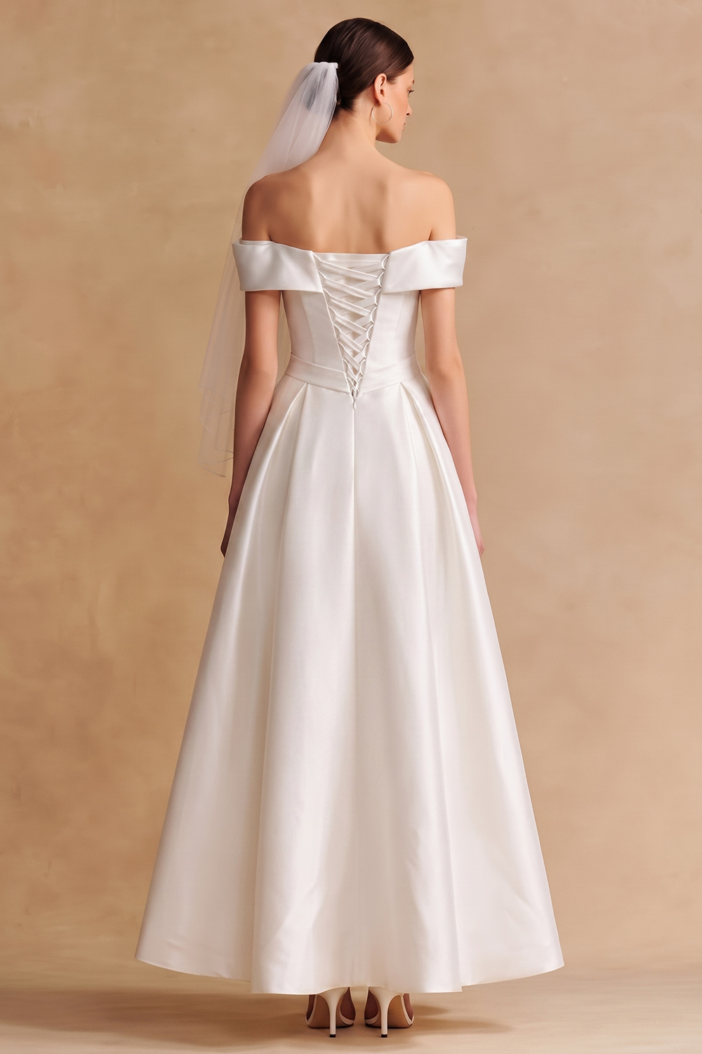 White Off the Shoulder Satin Maxi Wedding Dress with Bow