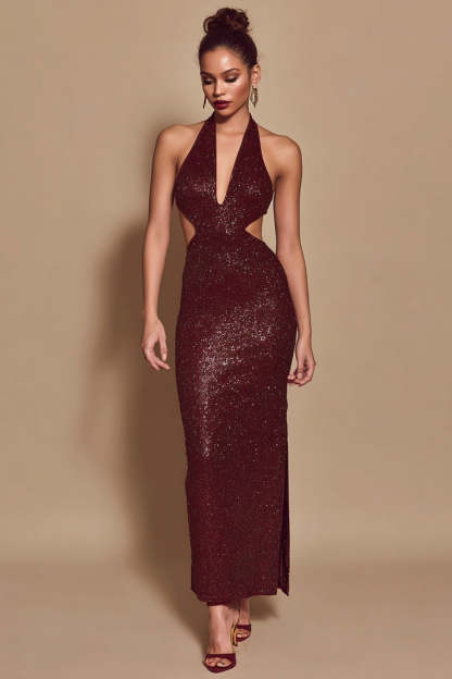 Leely Women Sparkly Burgundy Sequin Long Holiday Party Dress with Slit Mermaid Cut Out Halter Formal Dress