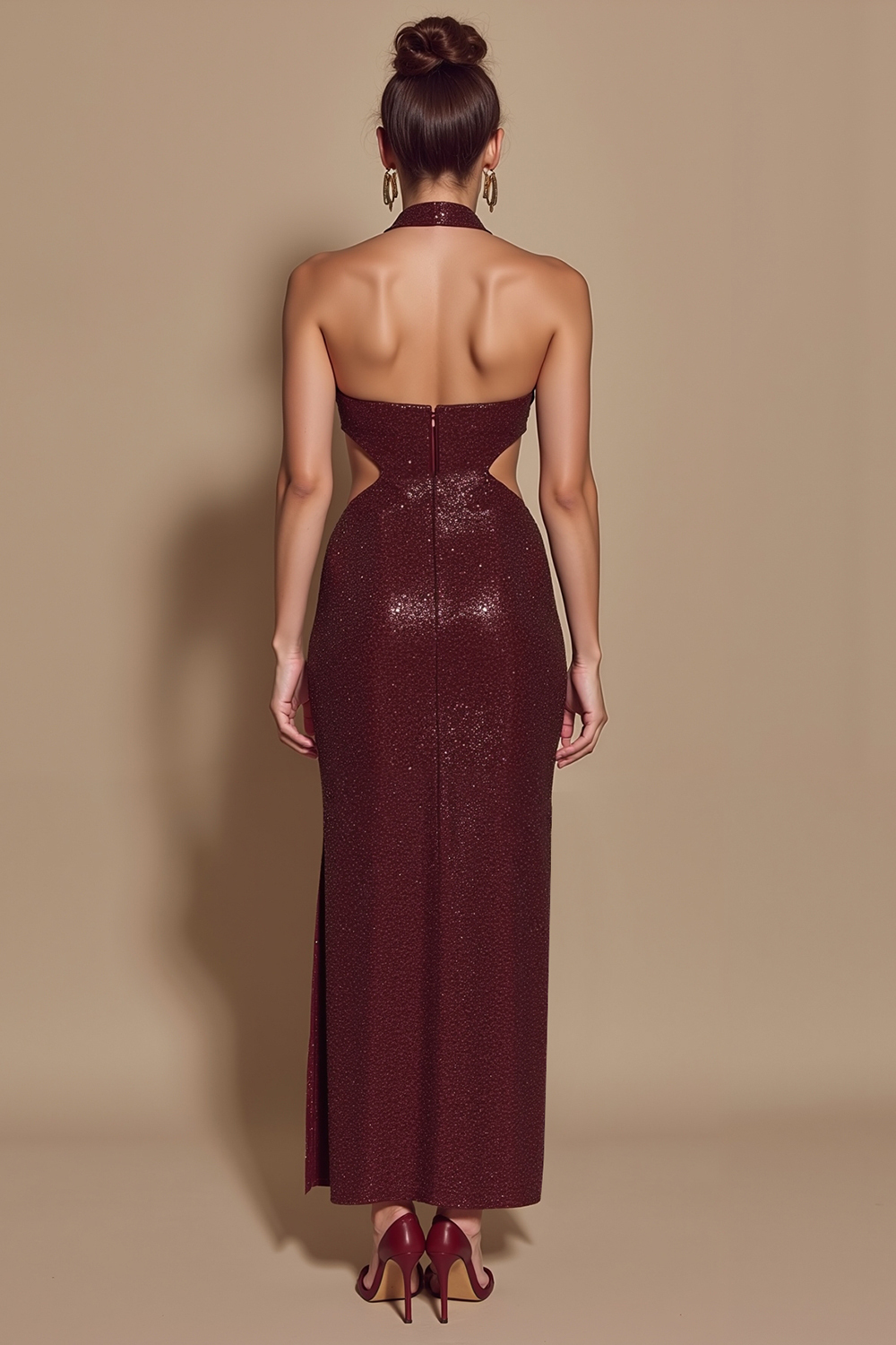 Sparkly Sequin Burgundy Halter Cut Out Mermaid Long Holiday Party Dress