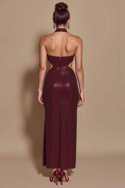 Sparkly Sequin Burgundy Halter Cut Out Mermaid Long Holiday Party Dress