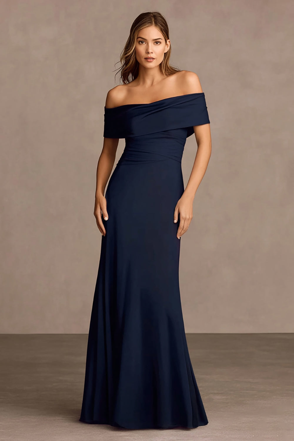 Leely Women Navy Mermaid Maxi Formal Dress Off the Shoulder Ruched Evening Dress