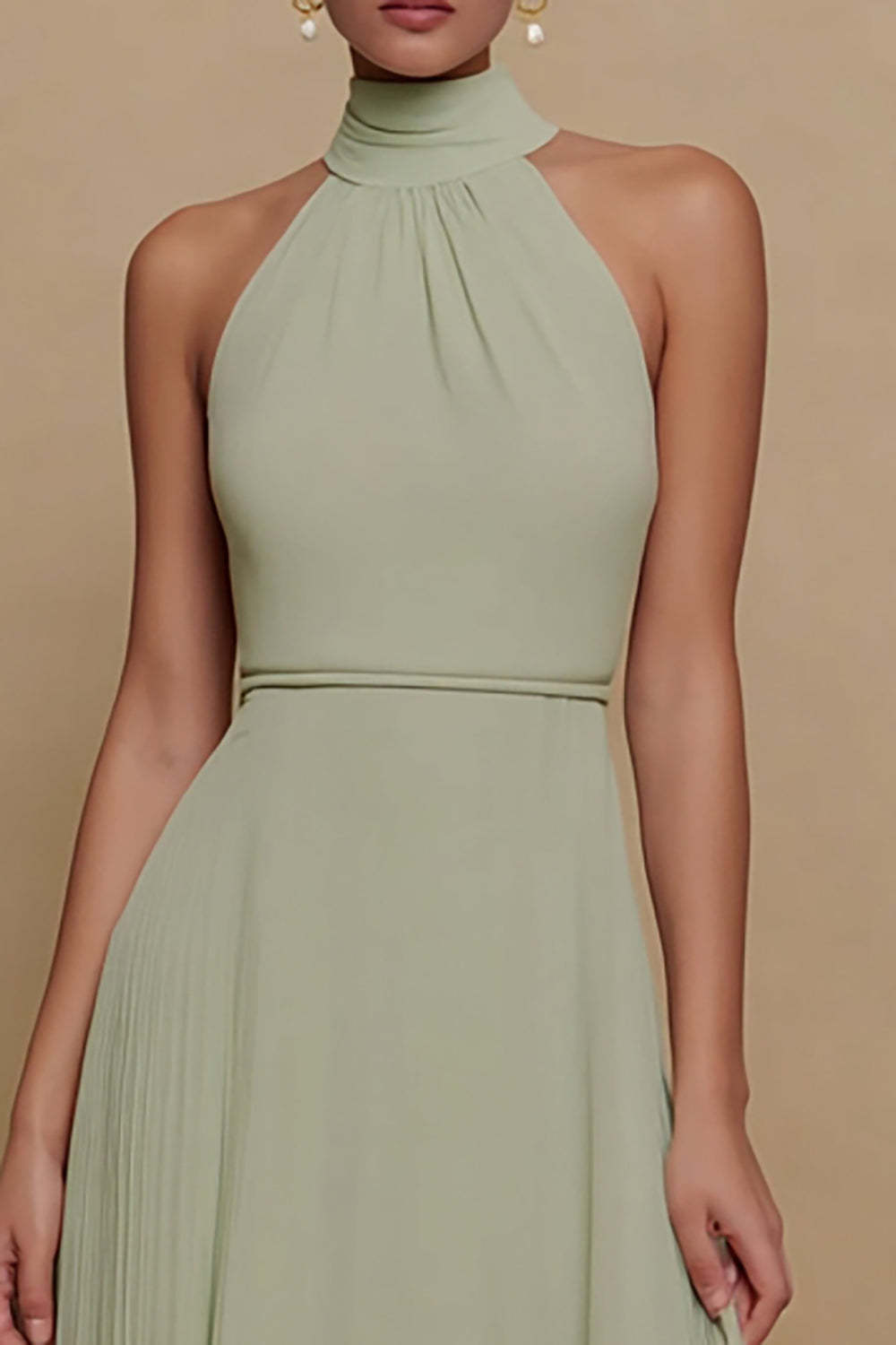Dusty Sage High Neck A Line Long Chiffon Formal Dress