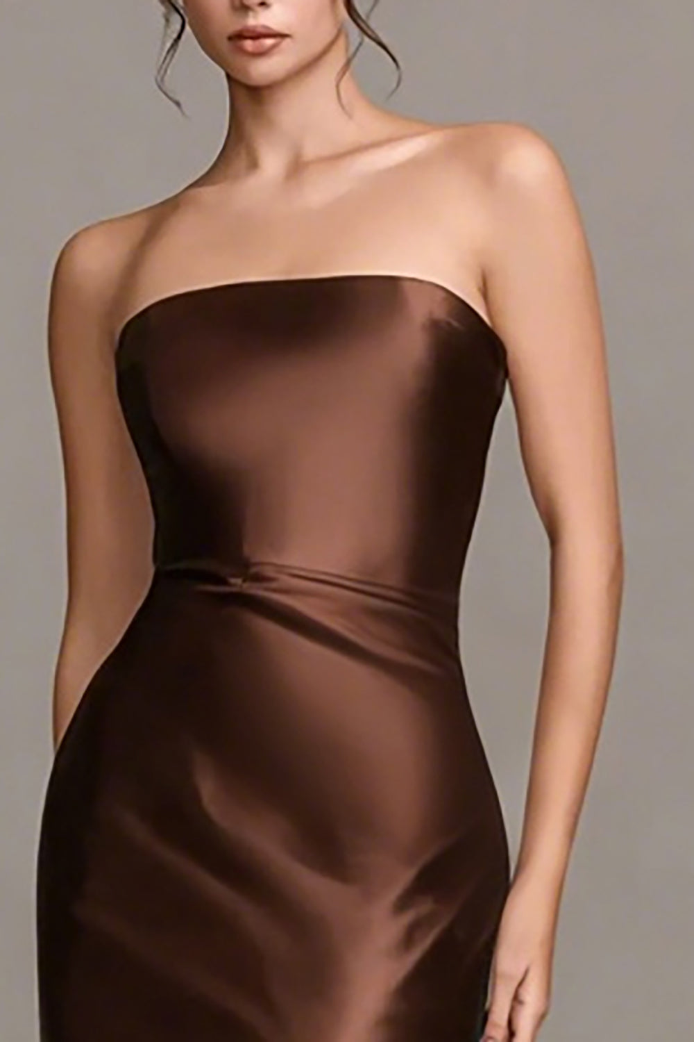 Coffee Satin Strapless Mermaid Ruffled Long Formal Dress