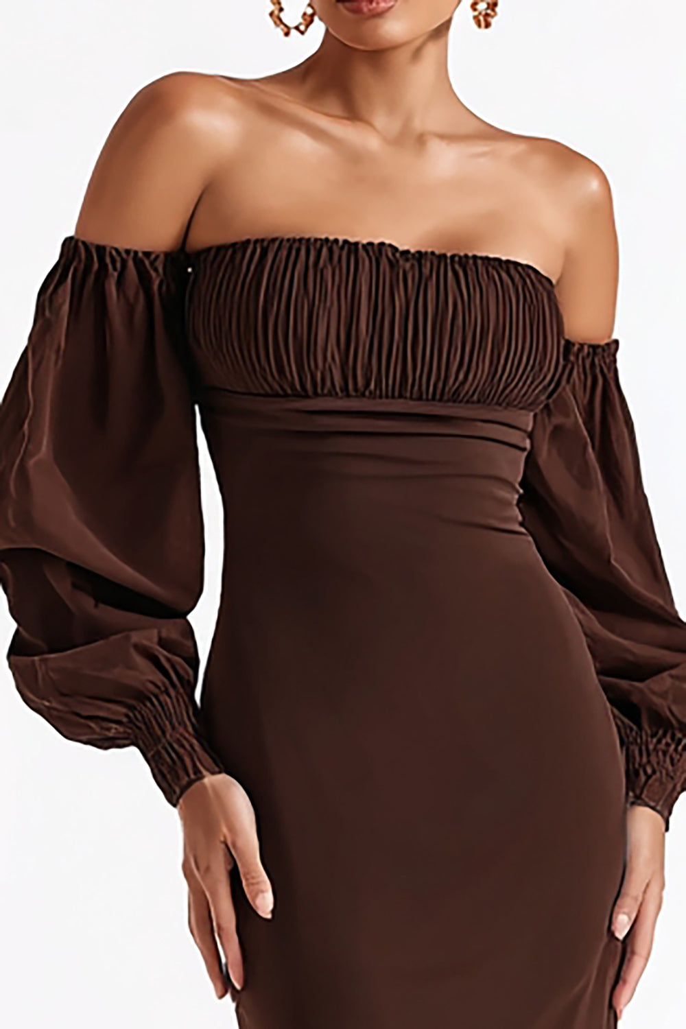 Coffee Satin Mermaid Strapless Long Formal Dress with Sleeves