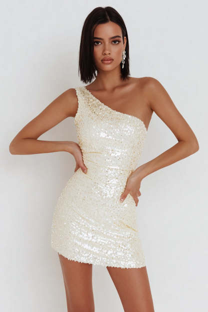 Leely Women Sparkly Ivory Sequin Short Cocktail Party Dress Bodycon One Shoulder Going Out Dress