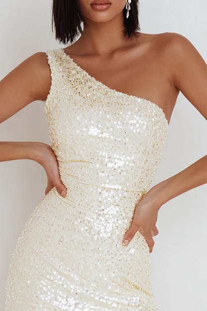 Ivory Bodycon Sparkly Sequin One Shoulder Short Cocktail Dress