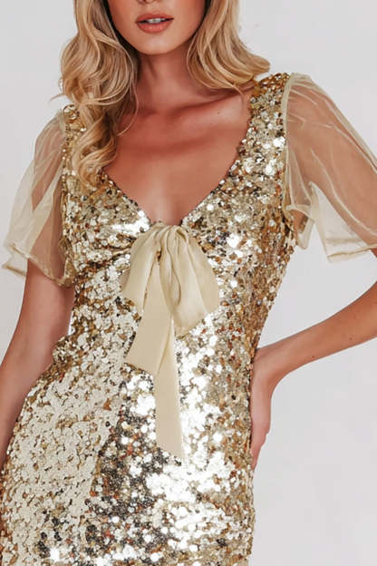 Sparkly Gold Bodycon Sequin Short Sleeves Cocktail Party Dress