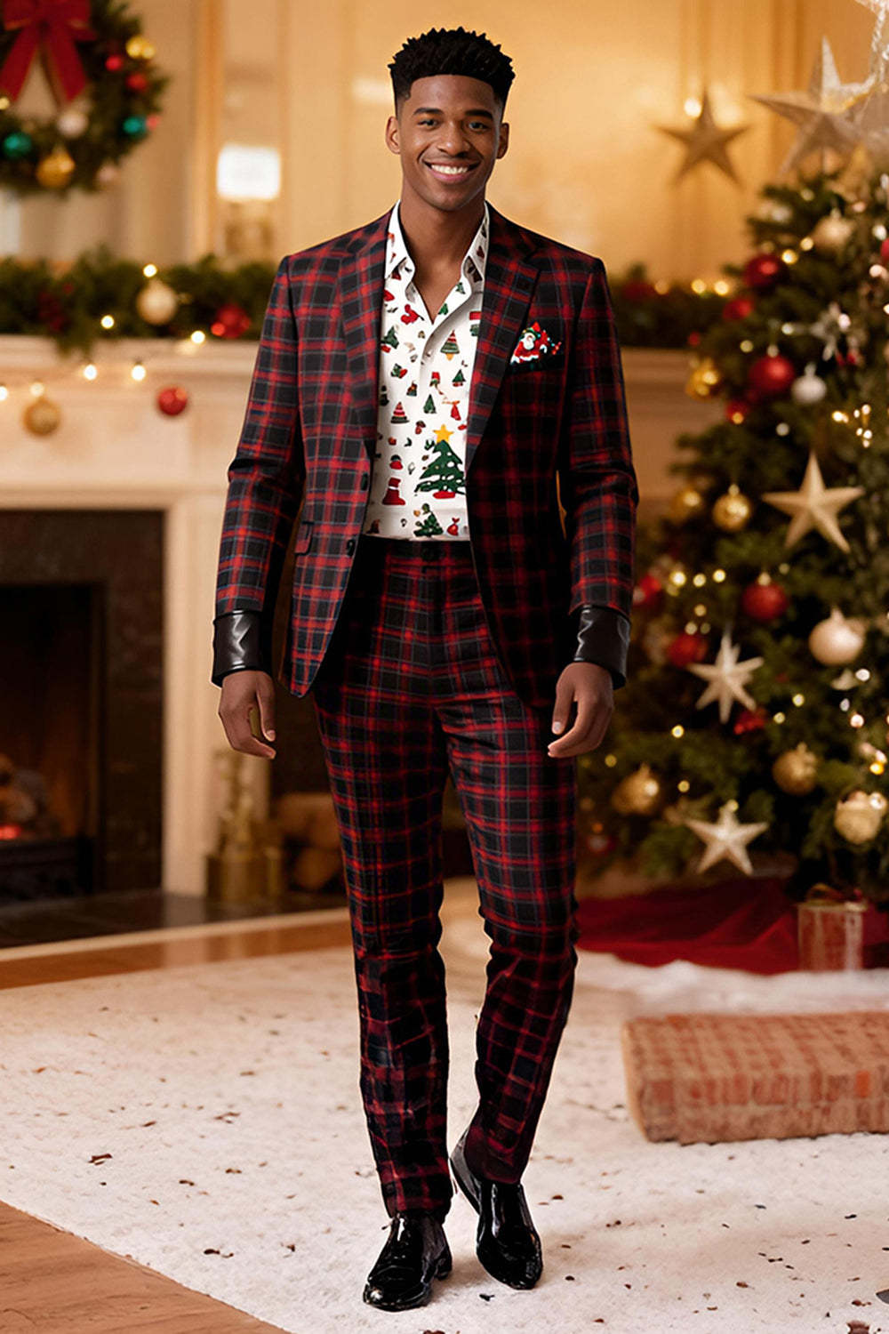 Leely Men Red and Black Grid 2 Piece Prom Suits Notched Lapel Single Breasted Christmas Party Tuxedo with Sleeves