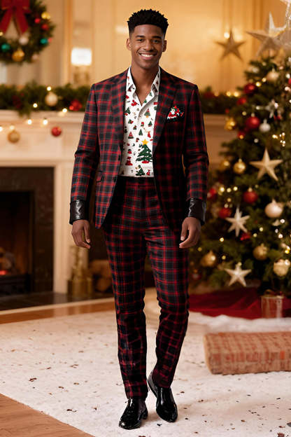 Leely Men Red and Black Grid 2 Piece Prom Suits Notched Lapel Single Breasted Christmas Party Tuxedo with Sleeves