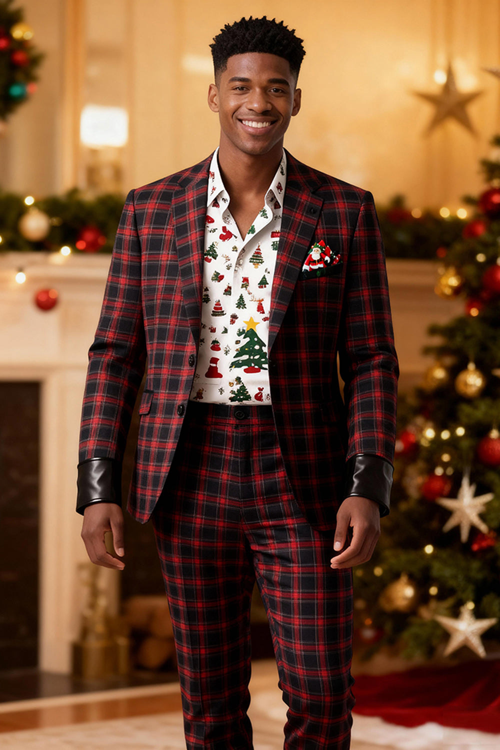 2 Piece Men Red and Black Grid Notched Lapel Party Suits