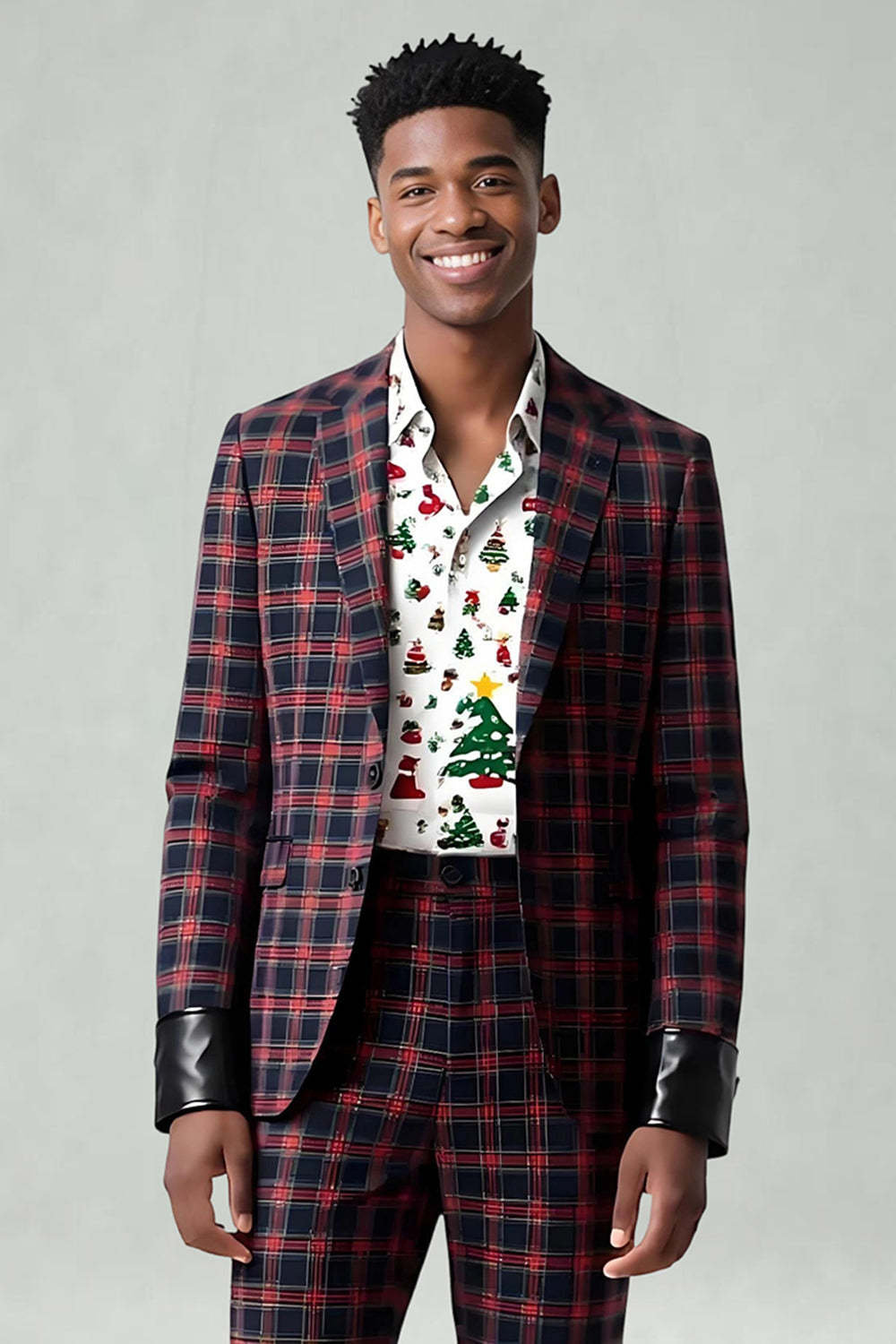 2 Piece Men Red and Black Grid Notched Lapel Party Suits