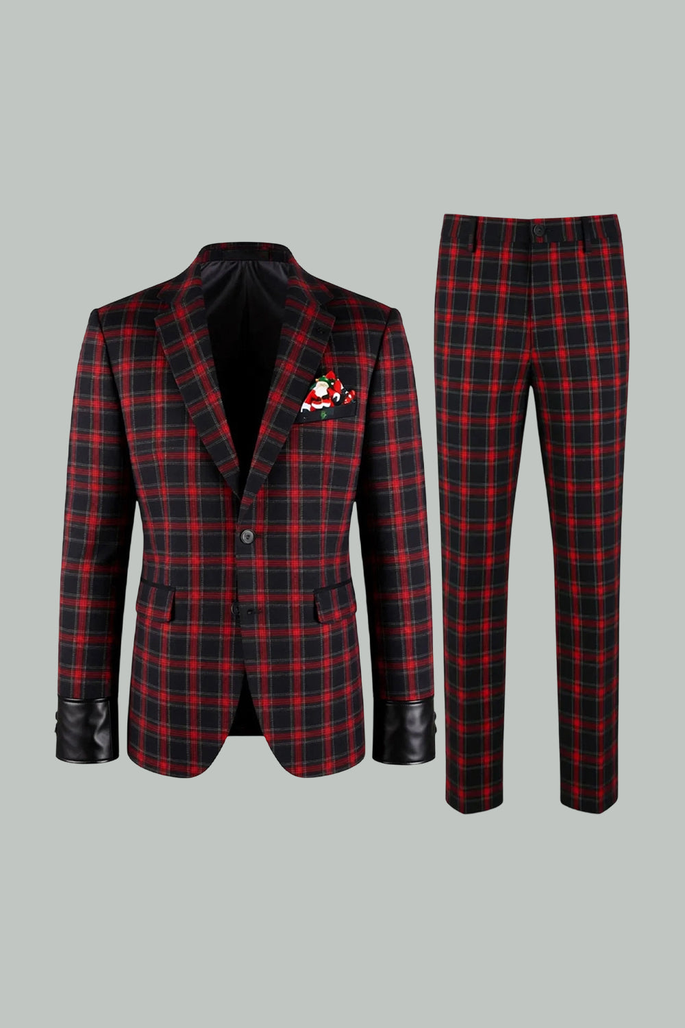 2 Piece Men Red and Black Grid Notched Lapel Party Suits