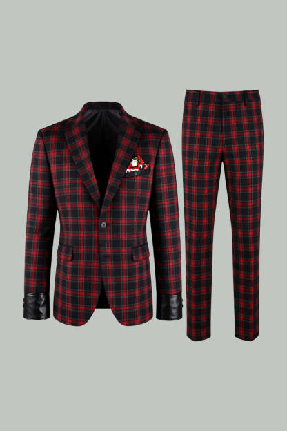 2 Piece Men Red and Black Grid Notched Lapel Party Suits