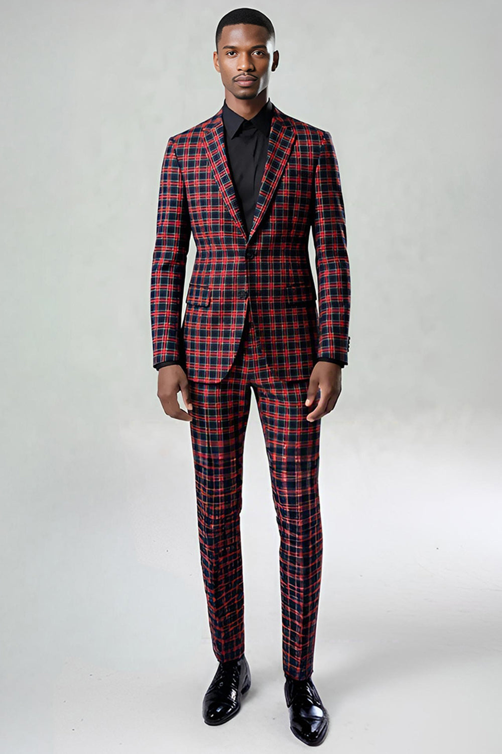 Black and Red Grid 2 Piece Notched Lapel Men Party Suits