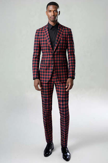 Black and Red Grid 2 Piece Notched Lapel Men Party Suits