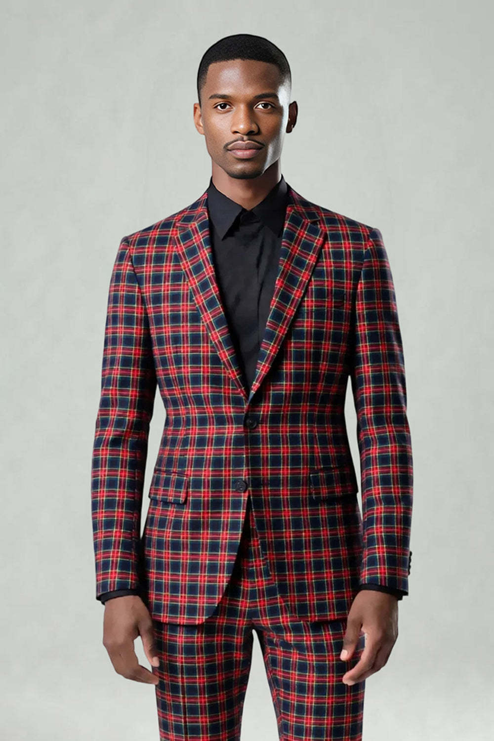 Black and Red Grid 2 Piece Notched Lapel Men Party Suits