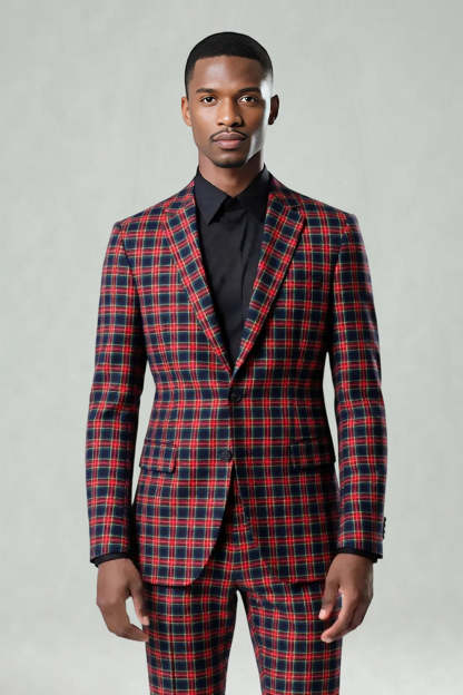 Black and Red Grid 2 Piece Notched Lapel Men Party Suits