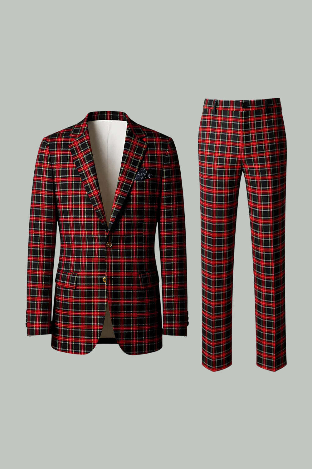 Black and Red Grid 2 Piece Notched Lapel Men Party Suits