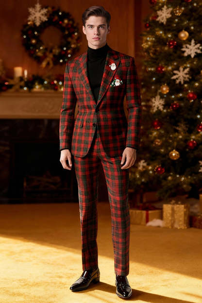 Black and Red Grid 2 Piece Notched Lapel Men Party Suits