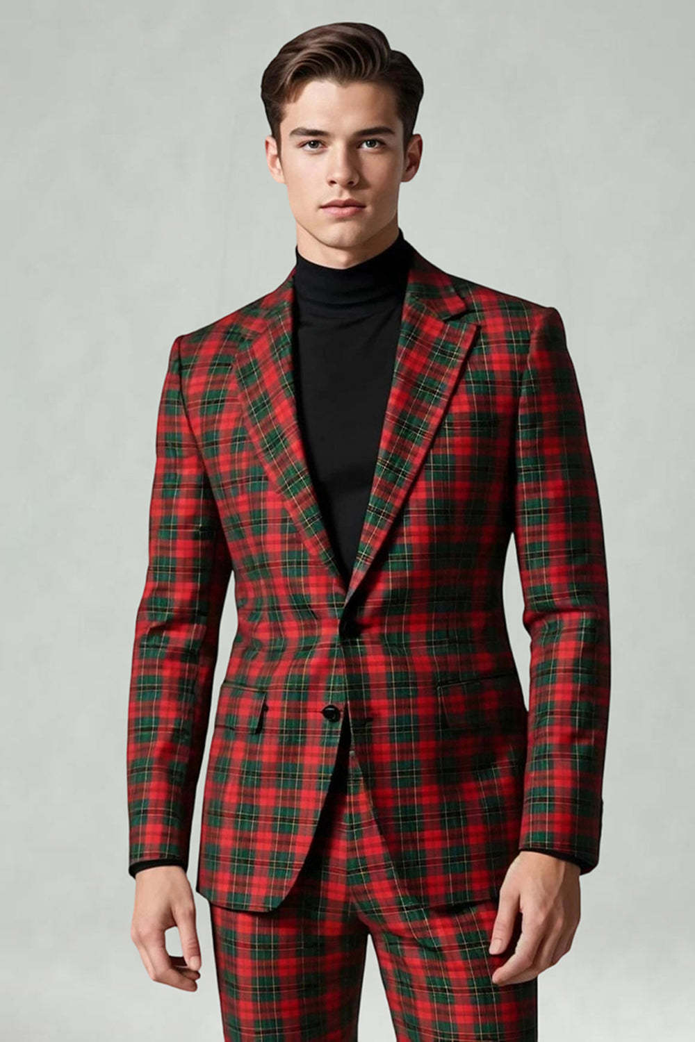Black and Red Grid 2 Piece Notched Lapel Men Party Suits
