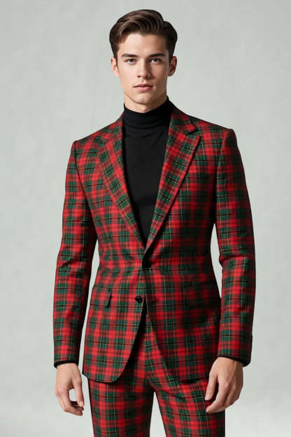 Black and Red Grid 2 Piece Notched Lapel Men Party Suits