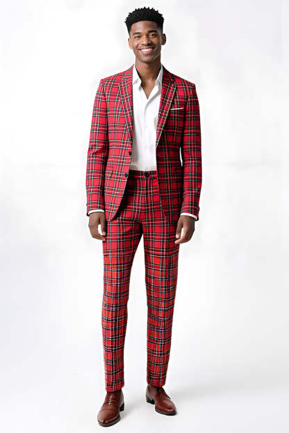 Black and Red Grid 2 Piece Notched Lapel Men Party Suits