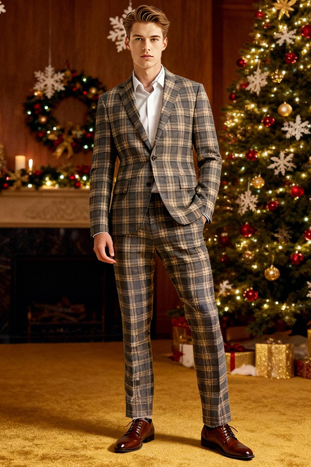 2 Piece Brown and Grey Grid Notched Lapel Fitted Men Prom Suits