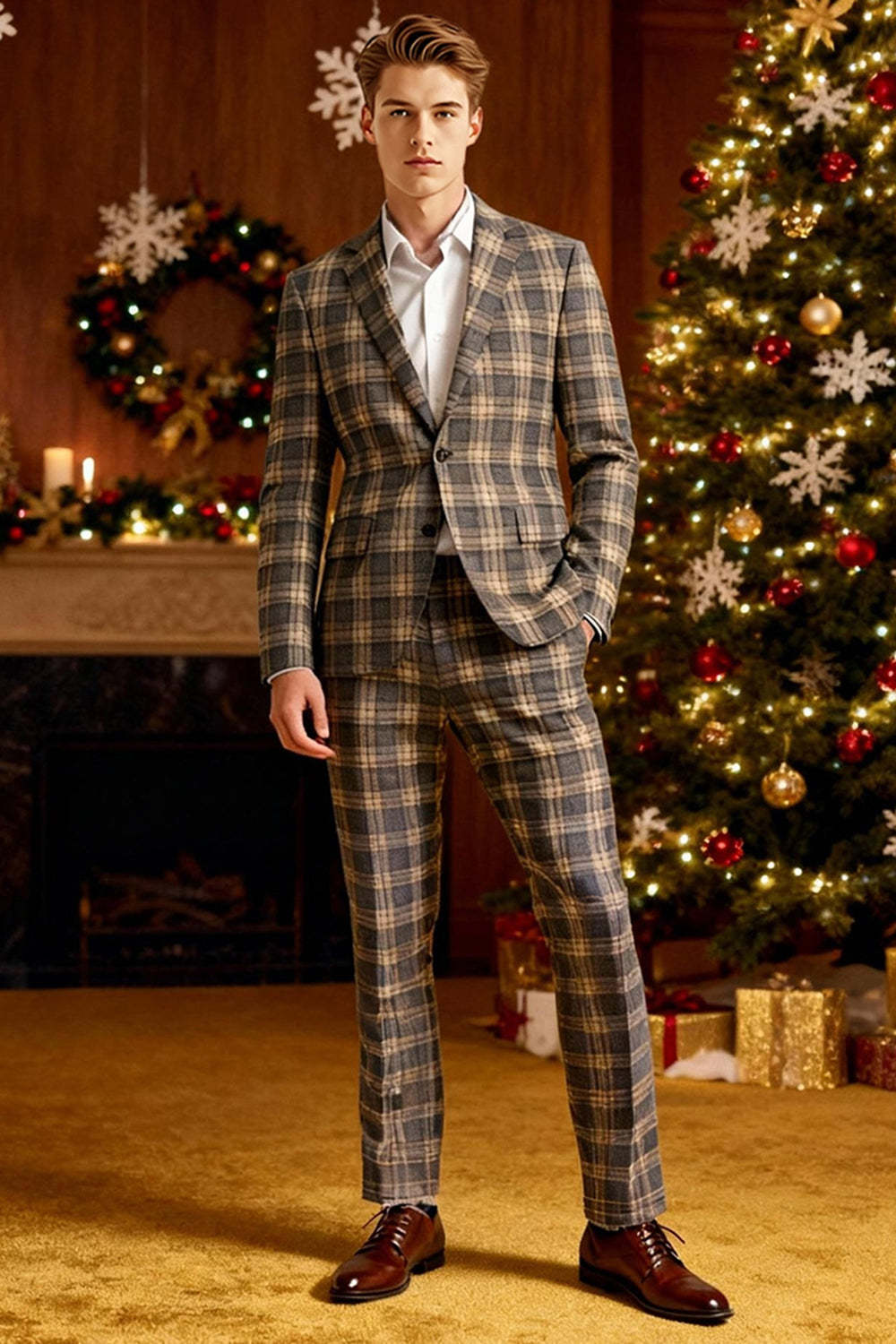 2 Piece Brown and Grey Grid Notched Lapel Fitted Men Prom Suits