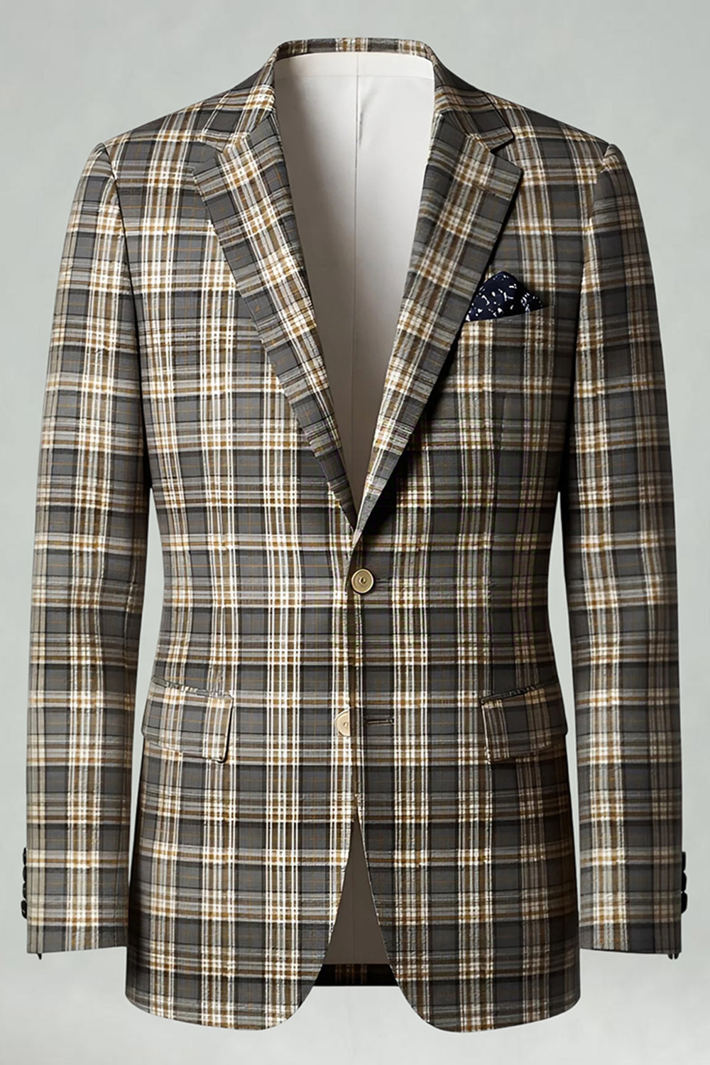 2 Piece Brown and Grey Grid Notched Lapel Fitted Men Prom Suits