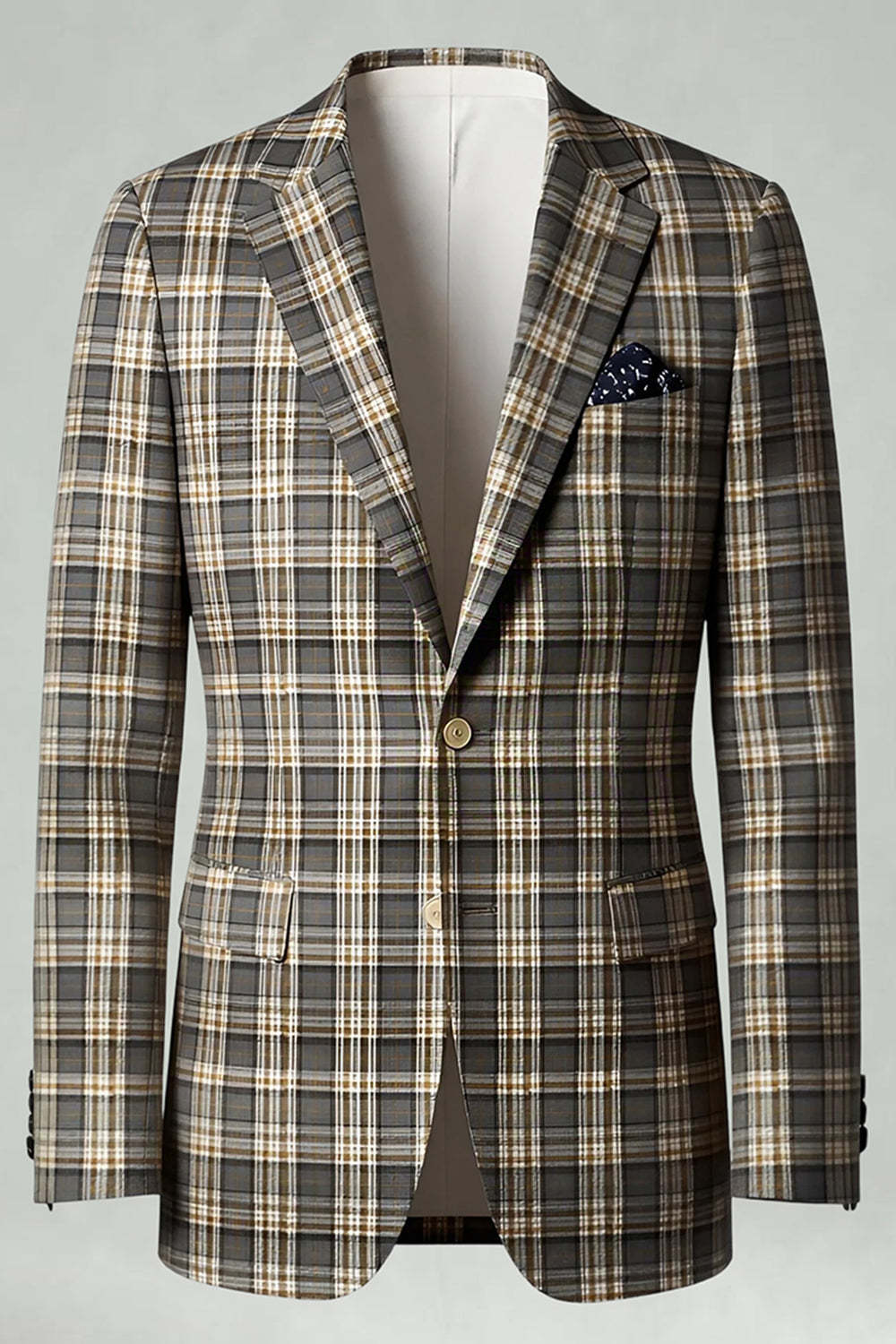 2 Piece Brown and Grey Grid Notched Lapel Fitted Men Prom Suits