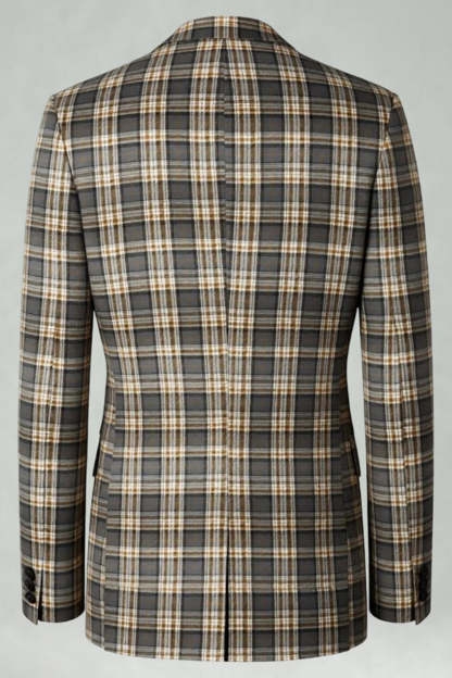 2 Piece Brown and Grey Grid Notched Lapel Fitted Men Prom Suits