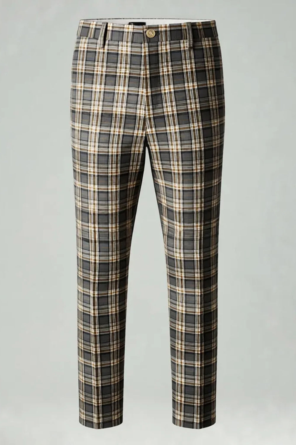 2 Piece Brown and Grey Grid Notched Lapel Fitted Men Prom Suits