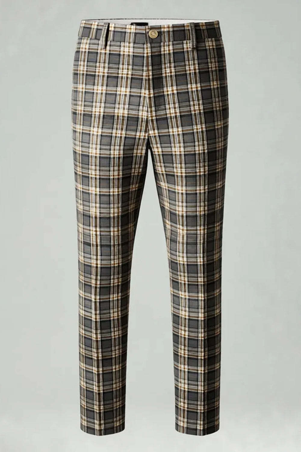 2 Piece Brown and Grey Grid Notched Lapel Fitted Men Prom Suits