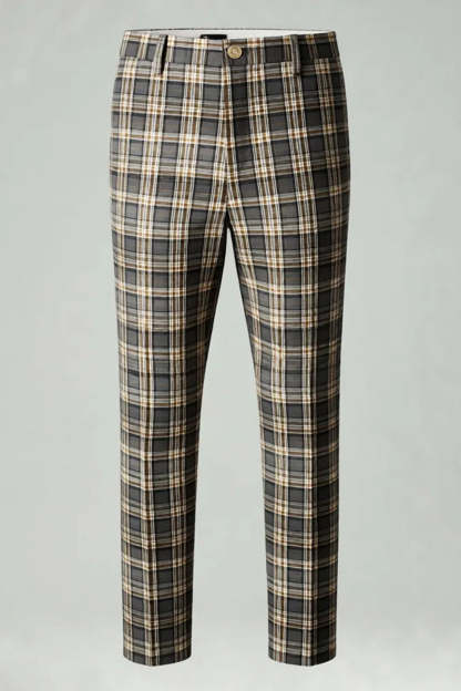 2 Piece Brown and Grey Grid Notched Lapel Fitted Men Prom Suits