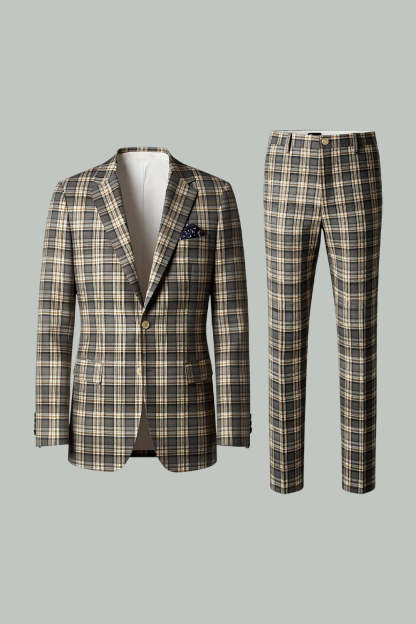 2 Piece Brown and Grey Grid Notched Lapel Fitted Men Prom Suits