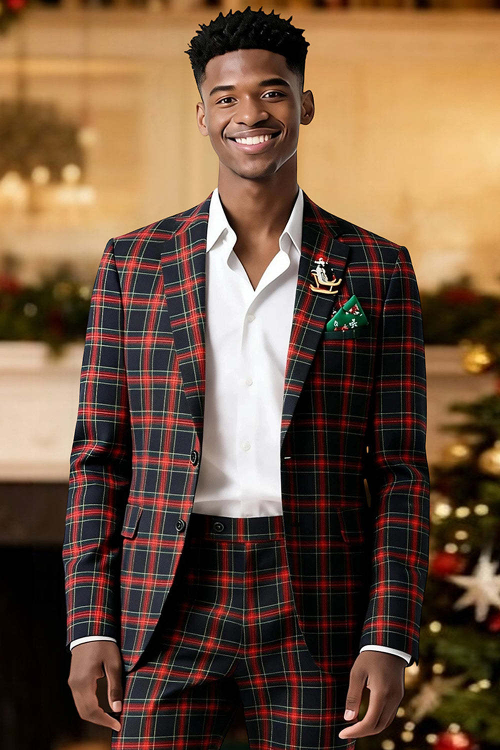 2 Piece Brown and Grey Grid Notched Lapel Fitted Men Prom Suits