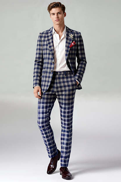 Leely Men 2 Piece Brown and Grey Grid Fitted Prom Suits Notched Lapel Single Breasted Christmas Party Tuxedo